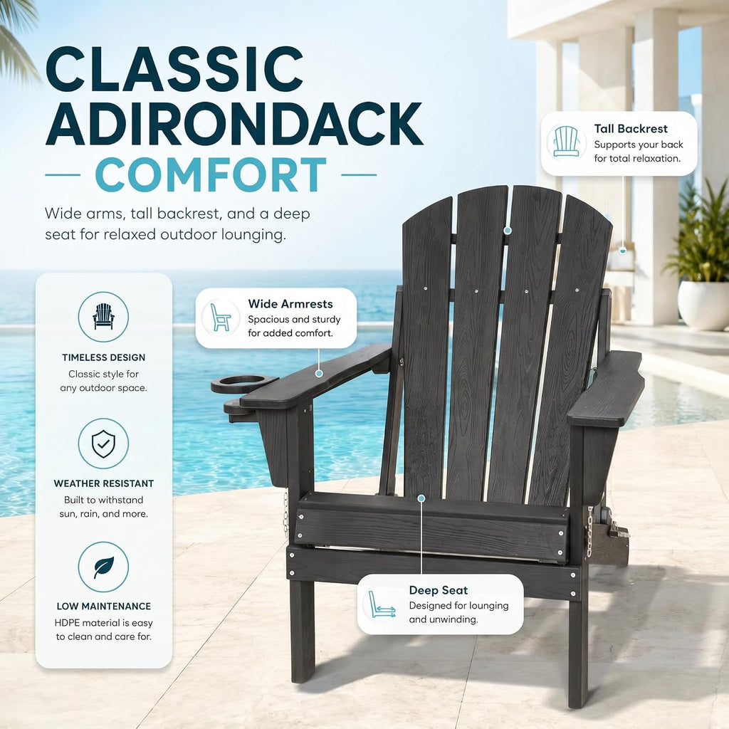HDPE Folding Adirondack Chair, Outdoor Patio Chair with Cup Holder, Weather Resistant, Fire Pit Porch Deck Garden