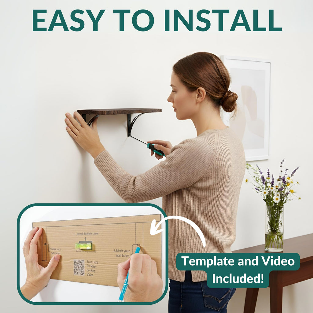 Reinforced Steel Bracket Brown Shelves for Wall - Easy to Install, Template and Video Included - Wall Mounted Rustic