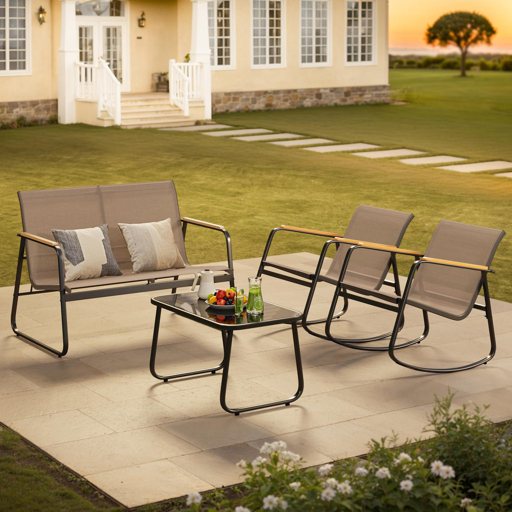 4-Piece Textilene Outdoor Patio Furniture Set Rocking Bistro, Tan