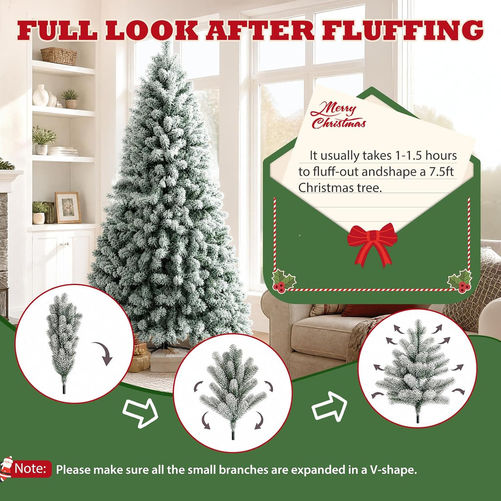 Pre-Lit Snow Flocked Christmas Tree, Artificial Xmas Tree