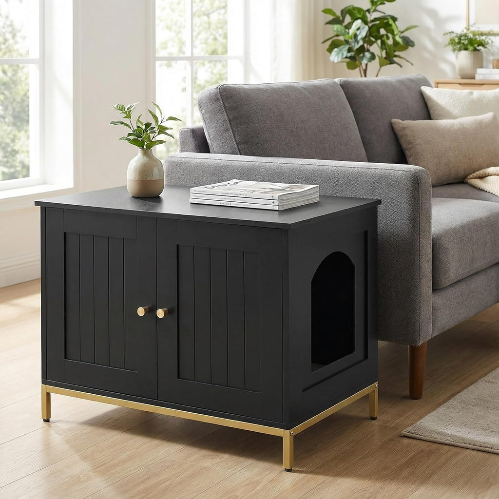 28.3" L Cat Litter Box Enclosure with Metal Frame, Black and Gold