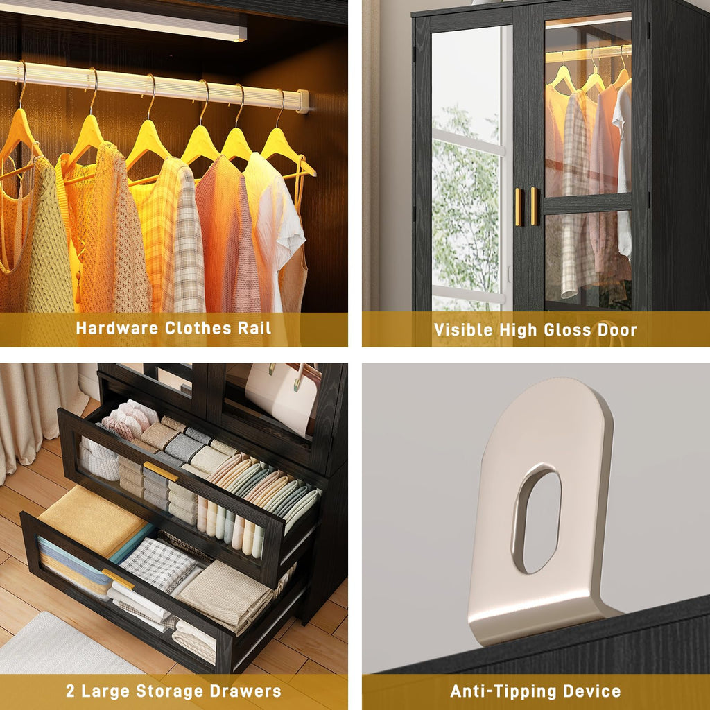 2 Doors Armoire Wardrobe Closet with LED and Mirror, 71" H Freestanding Wooden Wardrobe Closet Cabinet w 2