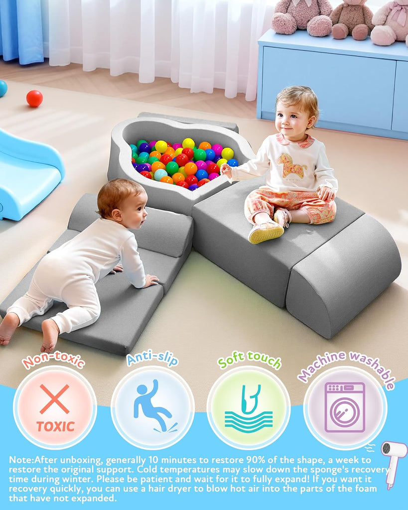 Soft Play Set, Baby Foam Climbing Blocks with Anti-Slip Particles Bottom for Toddlers 6-12 Months, High-Density Foam