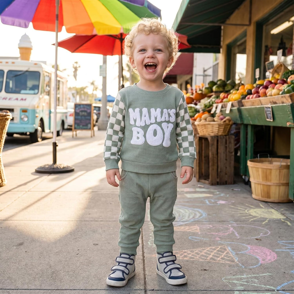 Toddler Baby Boy Fall Clothes Waffle Winter Outfits Letter Checkerboard Long Sleeve Sweatshirt and Pants 2 Pcs Sets