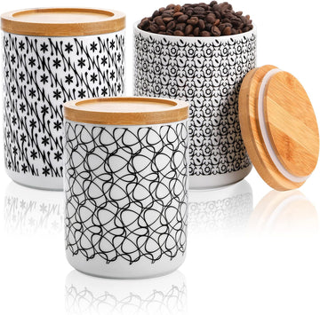 Ceramic Kitchen Canisters, 24oz Airtight Food Storage Jars with Bamboo Lids, Round Coffee Tea Sugar - Set of 3
