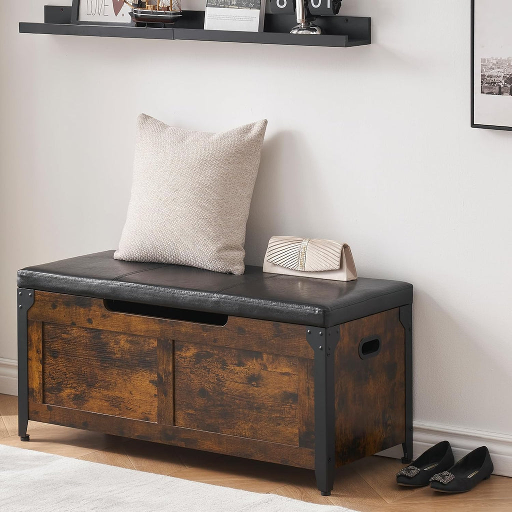 39.4" Storage Bench with 2 Safety Hinges, Rustic Brown | Retro Wooden Storage Chest, Loads 300 lb, Easy Assembly