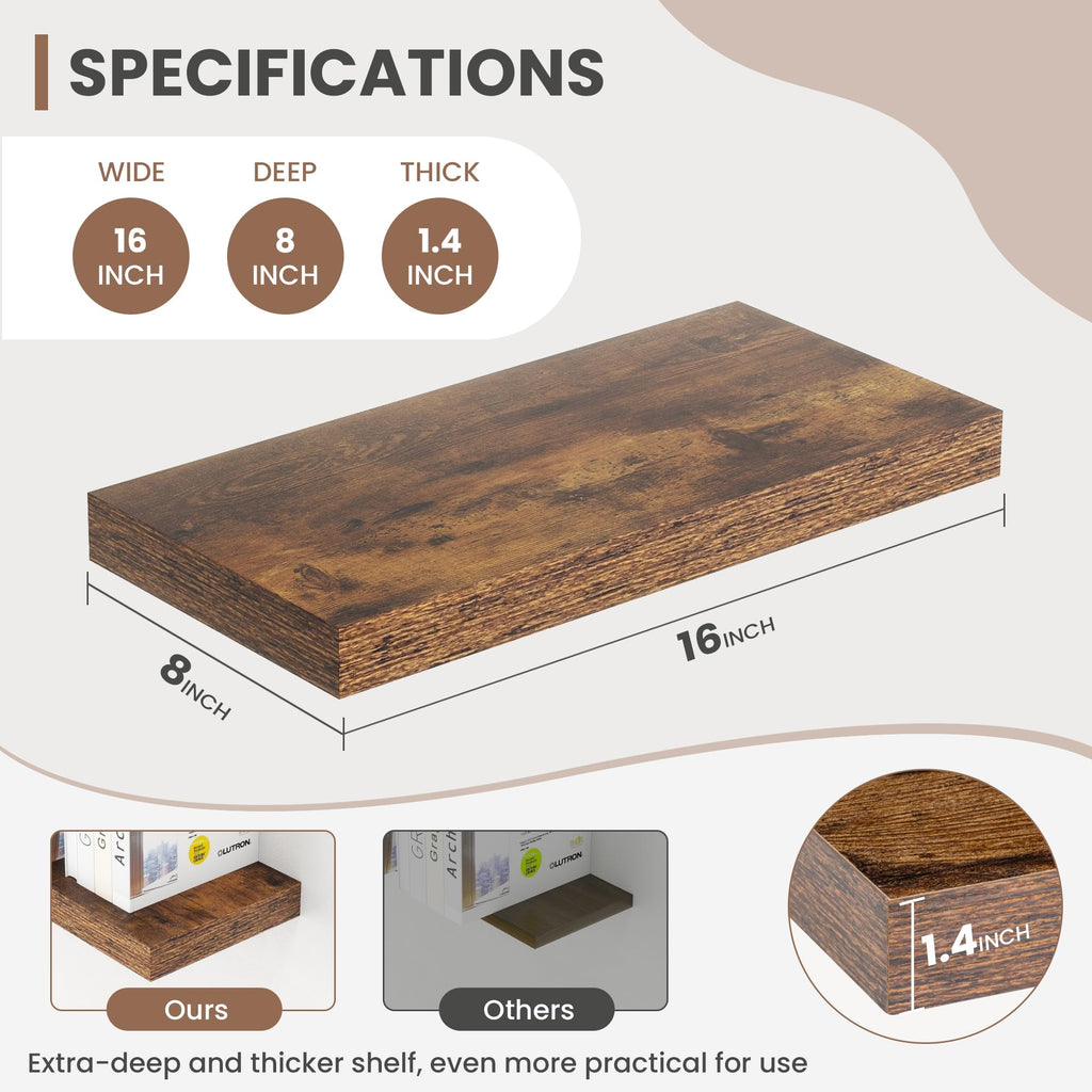 16 Inch Floating Shelves, 8 Inch Deep Floating Shelves for Wall, Hanging Shelf with Invisible Brackets, Deep Shelves