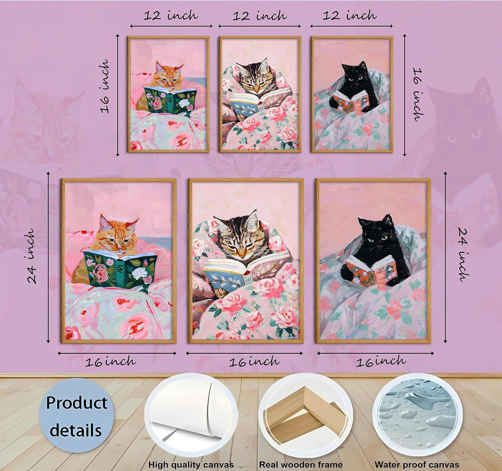 3Pcs Framed Vintage Cat Canvas Wall Art, Pink, 12''x16'' | Funny Animal Reading Books Pictures, Cute Kitten Lovers