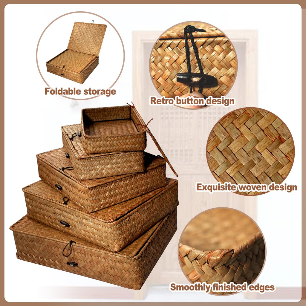 5 Pcs Seagrass Basket with Lid 5 Sizes Decorative Storage Boxes Rattan Wicker Storage Basket with Lids Woven