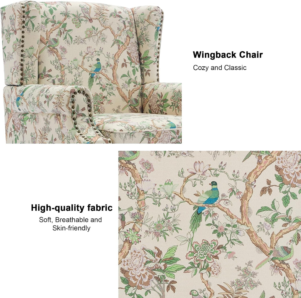 Wingback Accent Chair with Wood Legs, Bird, Set of 1 | High Back with Side Wings | Armrest Nailhead Trim | Solid Wood
