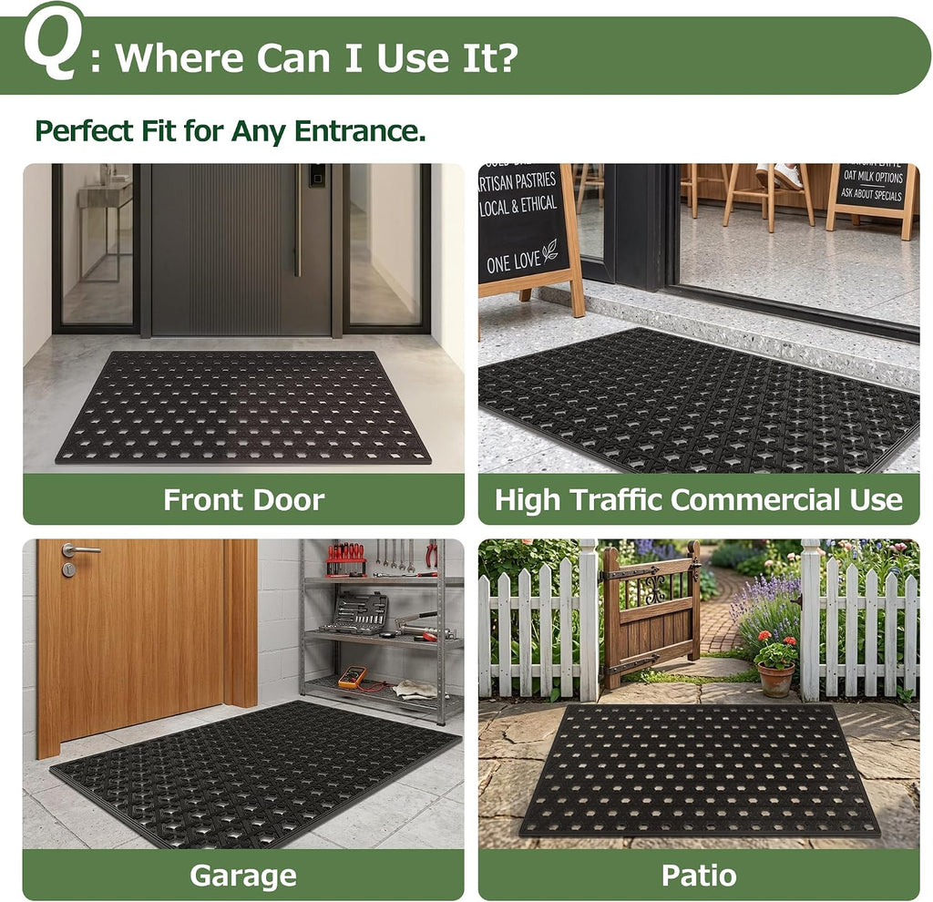 Front Door Mat Outside Entrance 24x36, Heavy Duty TPE Rubber Doormat with Drainage, Non Slip Low Profile Dirt Trapper