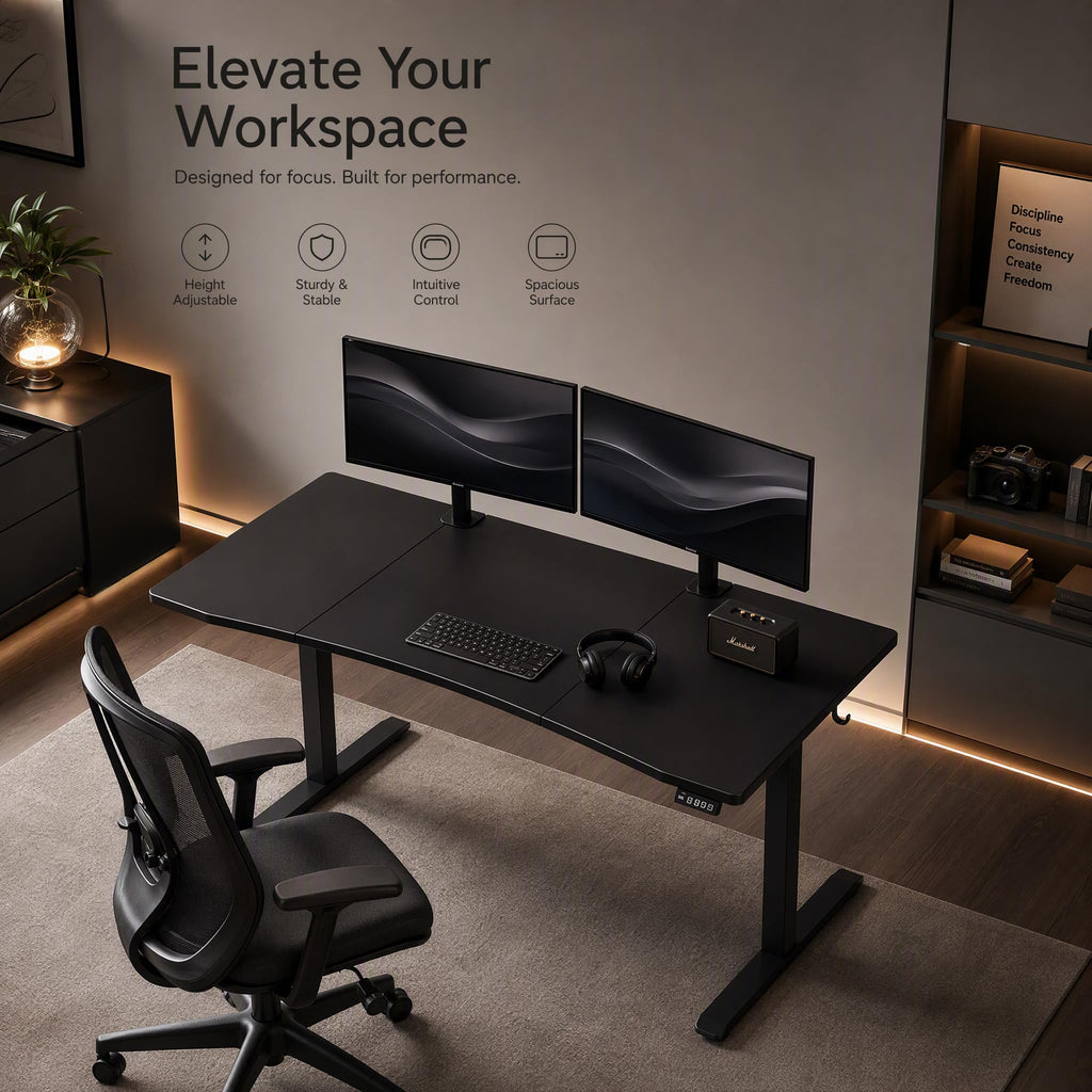 63x32 Electric Standing Desk, Curved Black Desktop