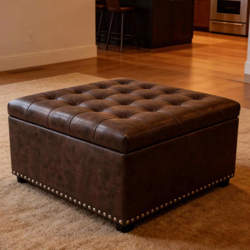 Brown PU Leather Large Square Storage Ottoman with Nailhead Trim ,30" Vintage Faux Leather Upholstered Ottoman Coffee
