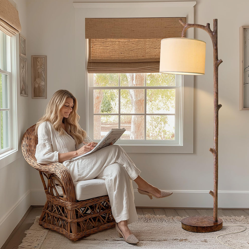 Retro Farmhouse Floor Lamp with Remote Rustic Standing Lamps Tree Trunk Deco Modern Country Vintage Wood Floor