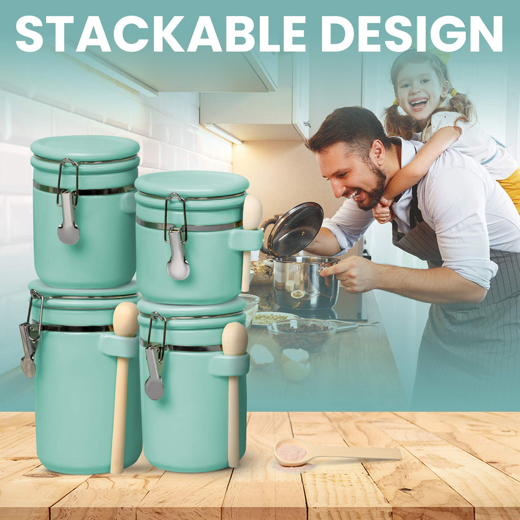 4-Piece Ceramic Kitchen Canisters Set, Airtight Containers with Wooden Spoons Reusable Chalk Labels and Marker for
