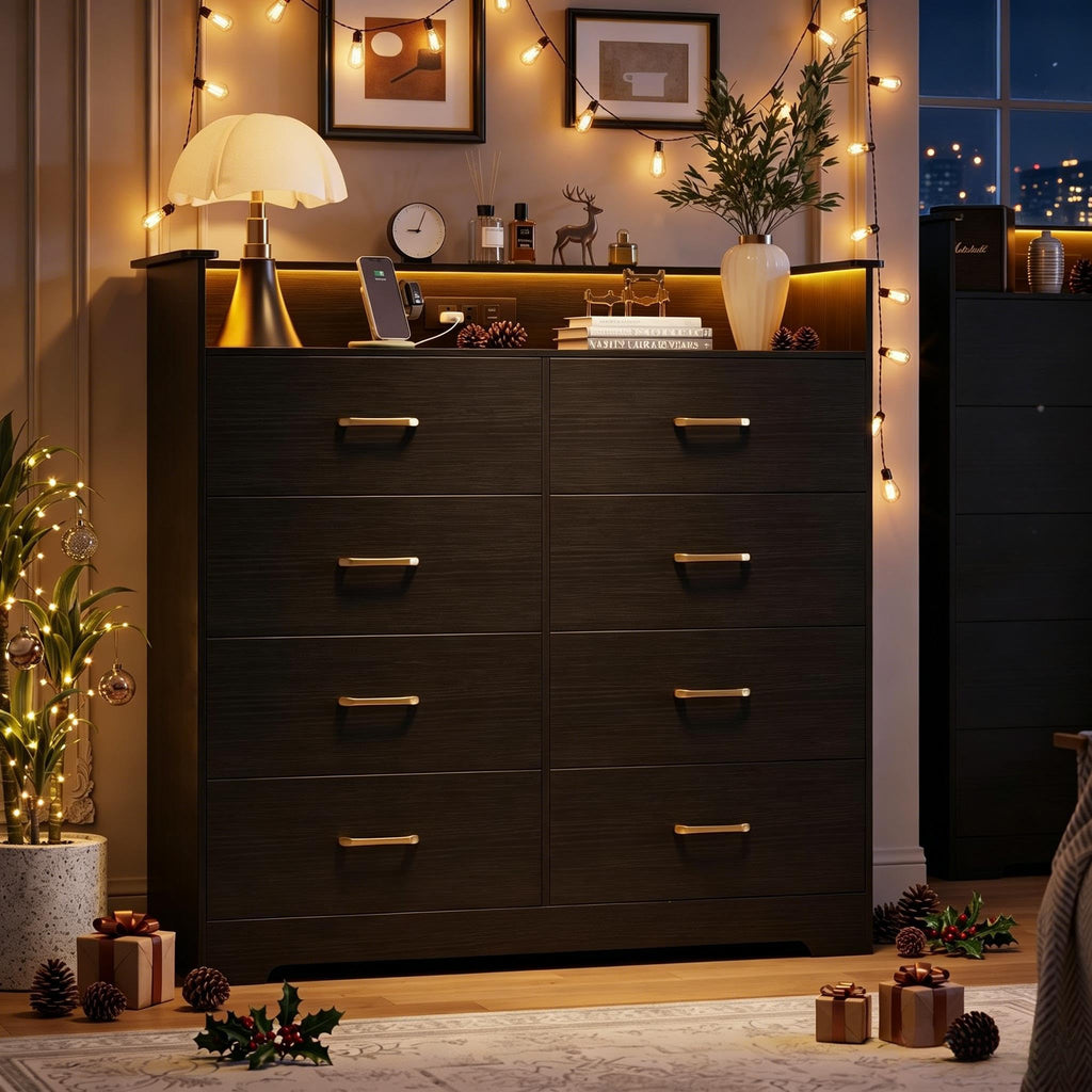 8 Drawer Dresser with LED Light and Charging Station, Black