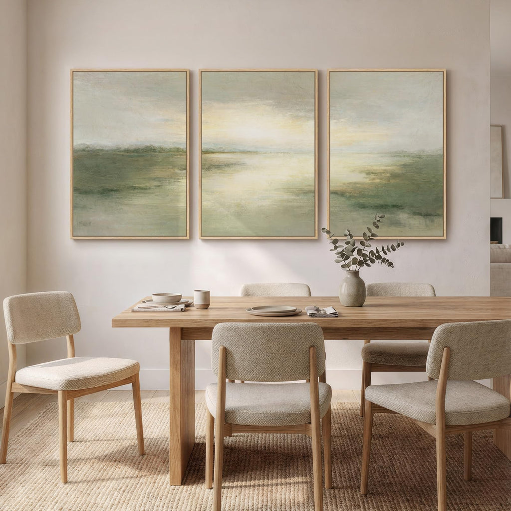 Large Framed Sage Green Abstract Landscape Wall Art, Set of 3 Each 20x30 In