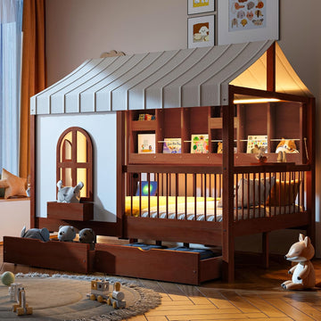 House Bed with 2 Large Drawers and Side Bookshelf, Espresso