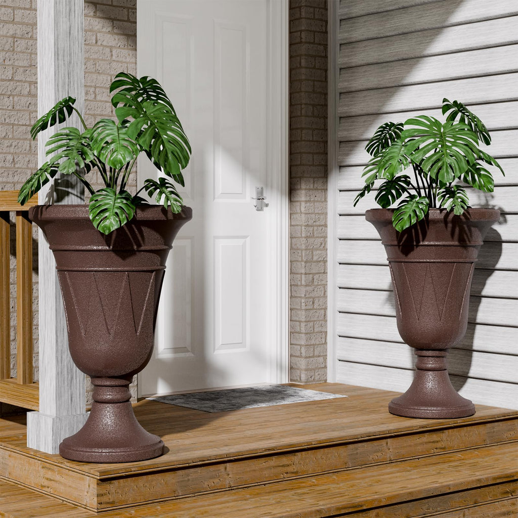 Tall Plastic Urn Planters and Pedestal - 24" Outdoor Planter Brown