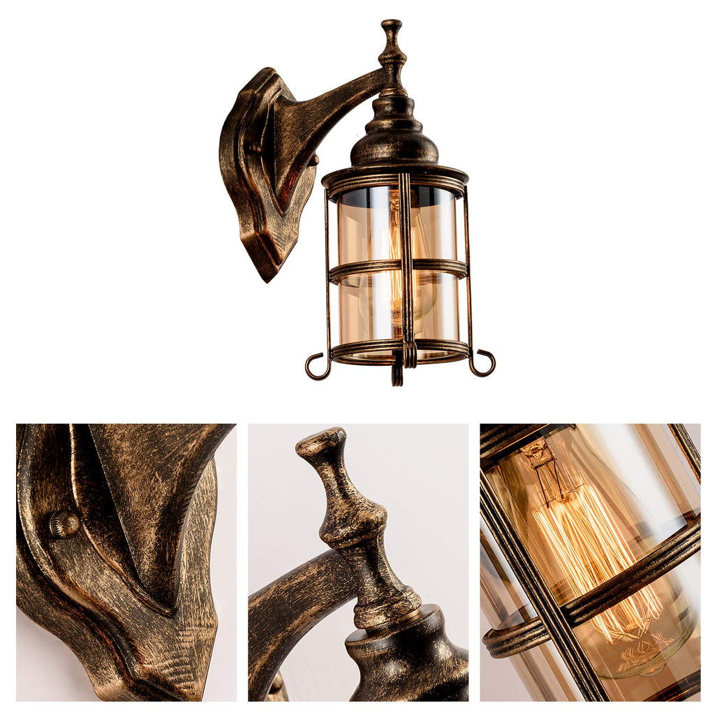 Rustic Amber Glass Wall Sconce 2-Pack, Bronze Brushed, Industrial Farmhouse Lamp Porch Lighting Waterproof Retro Lamp