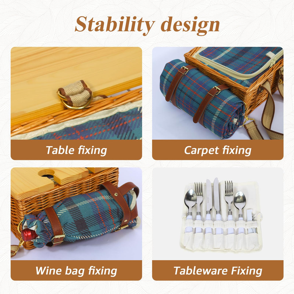 Wicker Picnic Basket for 4 with Folding Table & Waterproof Blanket