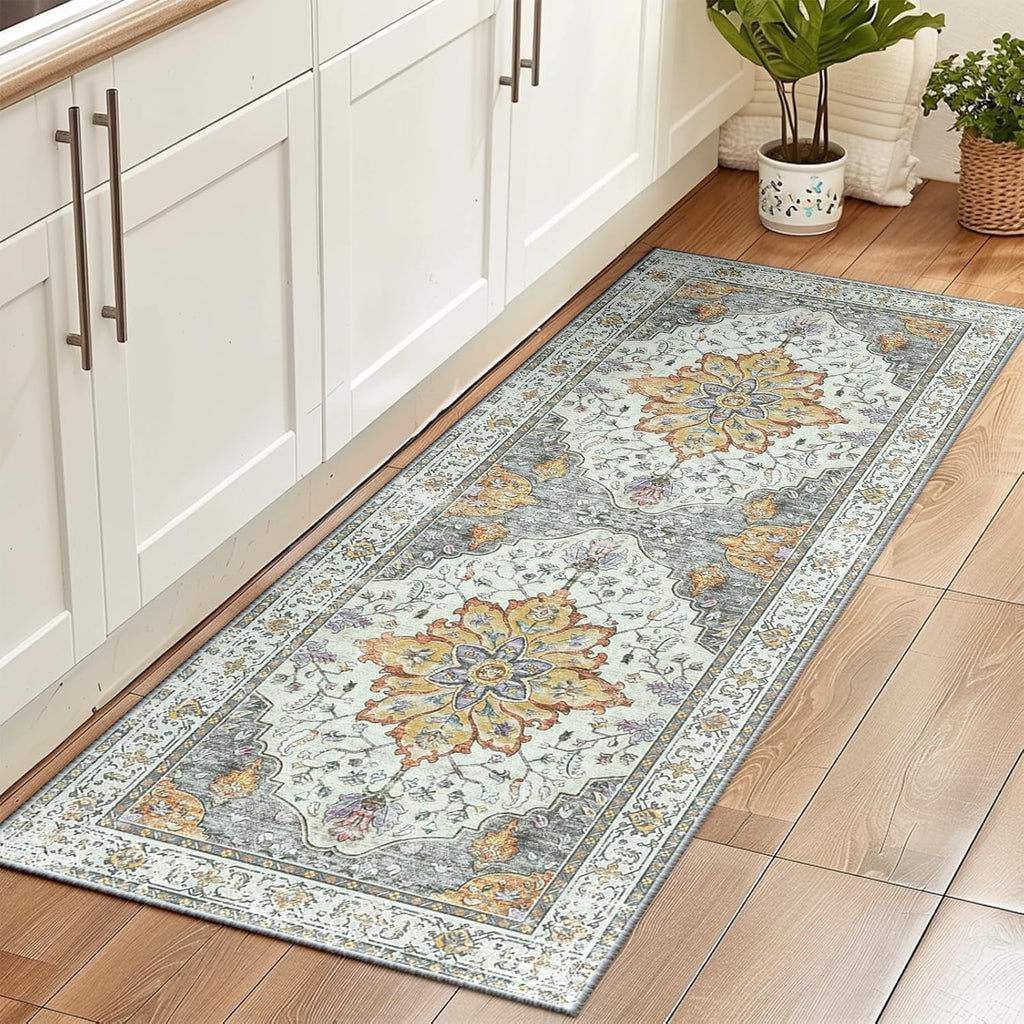 Area Rugs Washable Non-Slip, Floral Vintage Distress Print Pattern Medallion Carpet for Living Room Bedroom