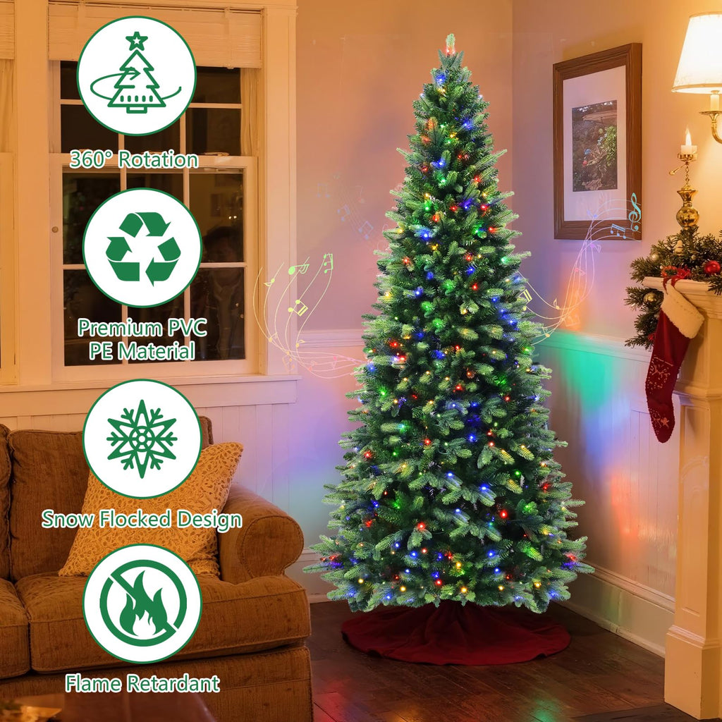 360° Rotating Prelit Christmas Tree - 6.5ft Musical Pencil Christmas Tree with Remote Control, 872 PE & PVC Mixed