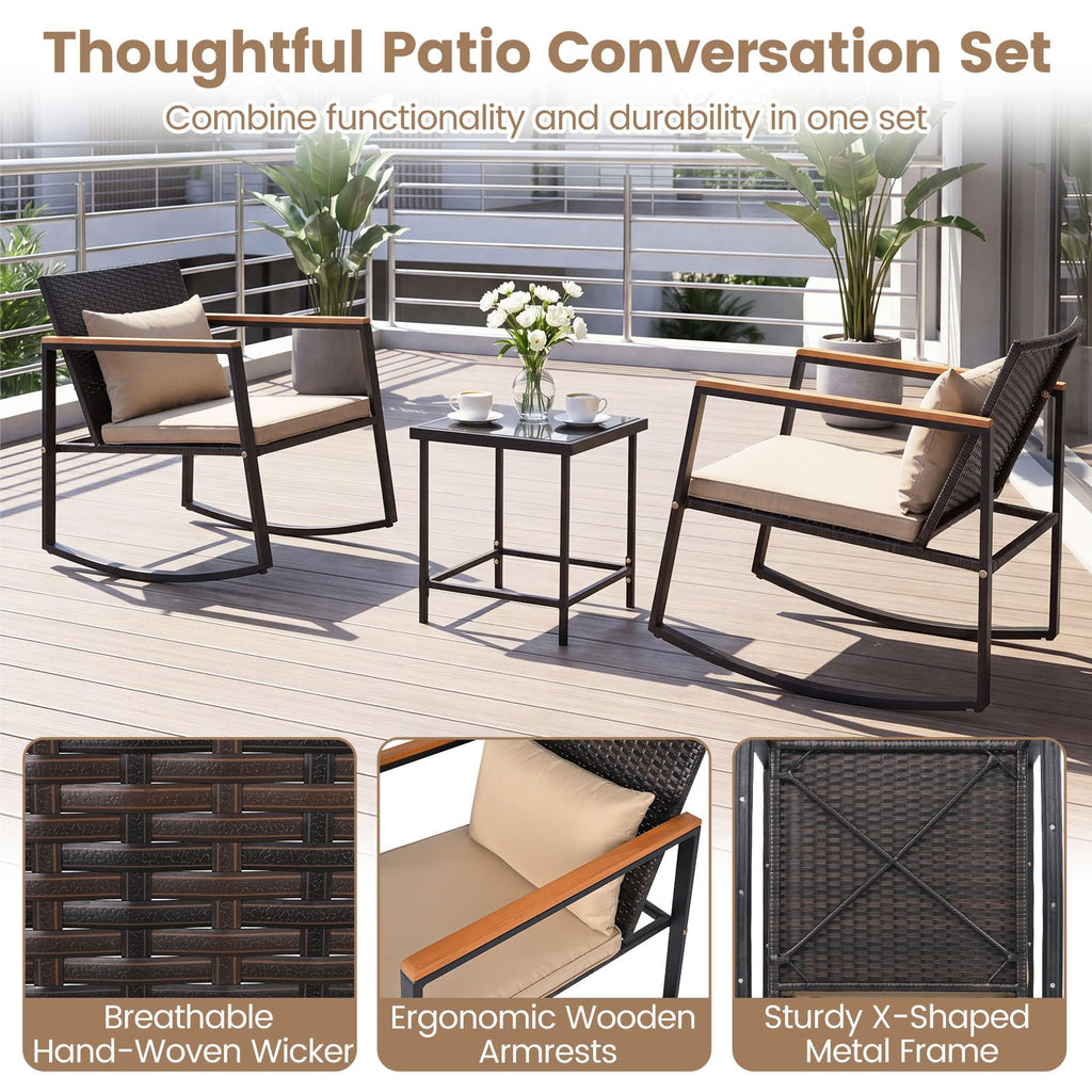 3-Piece Outdoor Rocking Chair Set, Beige Cushion & Natural Armrest