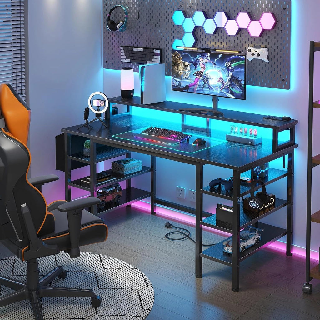 Gaming Desk with LED Lights and Storage Shelves, 47 inch Computer Desk with Power Outlets, Home Office Desk with