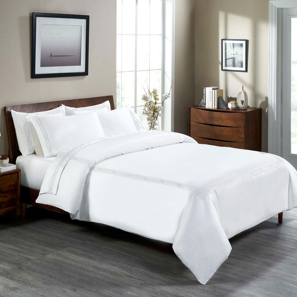 1200 Thread Count Egyptian Cotton Duvet Cover Set, Marrow Stitch Embroidery, Sateen Weave Cotton Bedding, Button