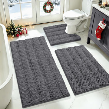 Striped Grey Bathroom Rug Set 3 Pieces Gray Ultra Soft, Non Slip Chenille Toilet Mat, Absorbent Plush Shaggy Bath