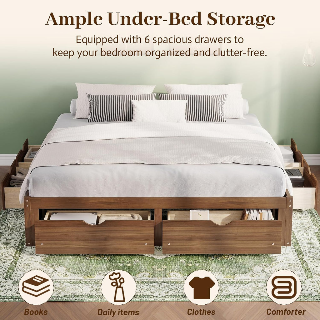 King Size Wooden Floor Bed Frame with 6 Storage Drawers