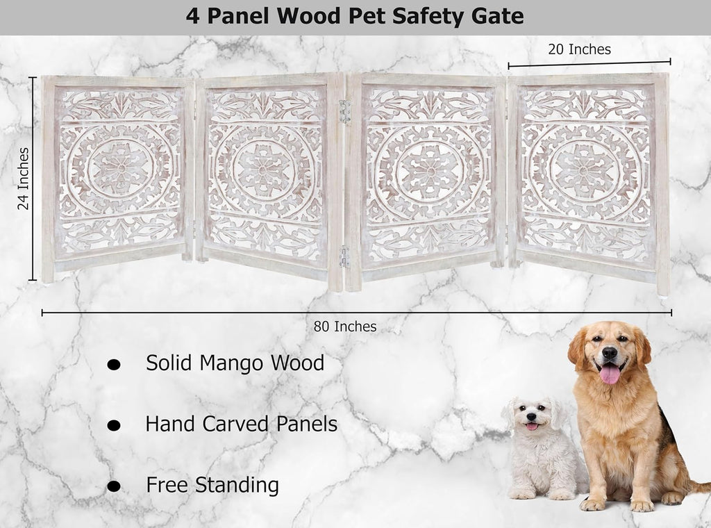 Wooden Foldable Pet Dog Gate - Hand Carved 4-Panel 80 W x 24 H