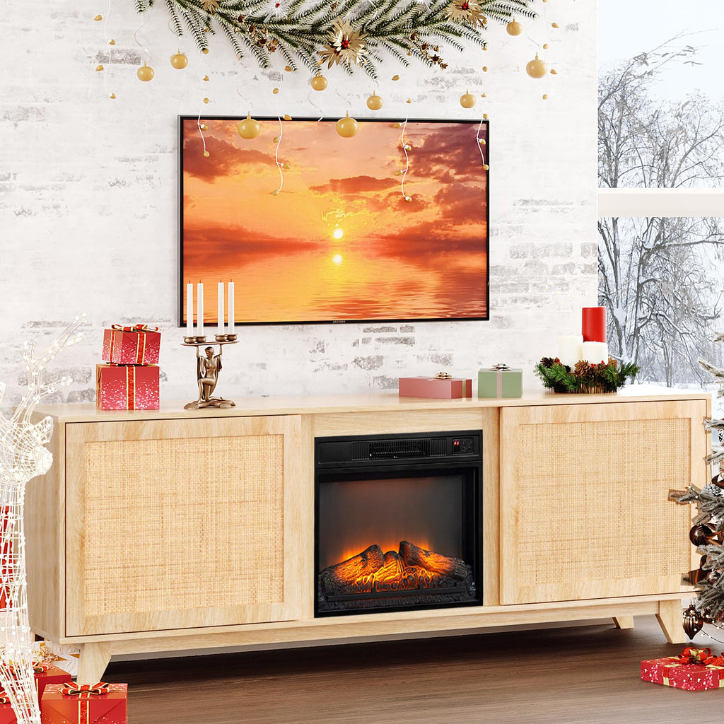 Electric Fireplace TV Stand with Rattan Doors, Fireplace TV Stand for up to 70 inch TVs, Adjustable Shelves & Heater