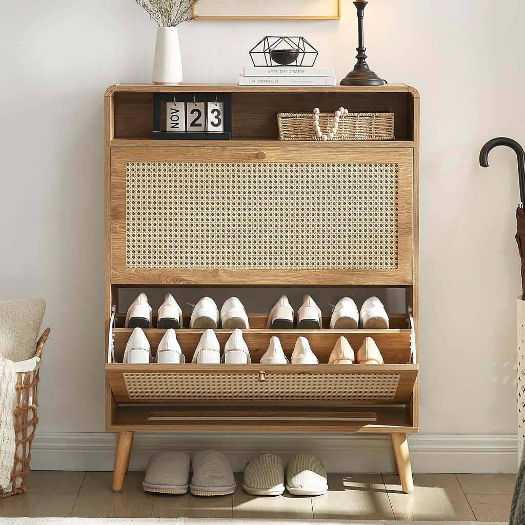 Rattan Shoe Cabinet with 2 Flip Drawers, 16 Pairs Narrow Shoe Storage Cabinet Freestanding Hidden Shoe Rack, Modern