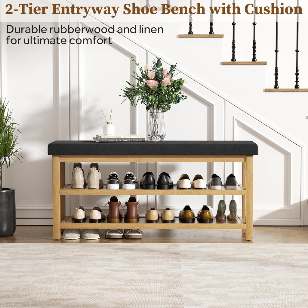 2 Tier Shoe Rack Bench with Cushion, Rubberwood Shoe Benches, Mid-Century Modern Shoe Storage Bench, Closet, Front