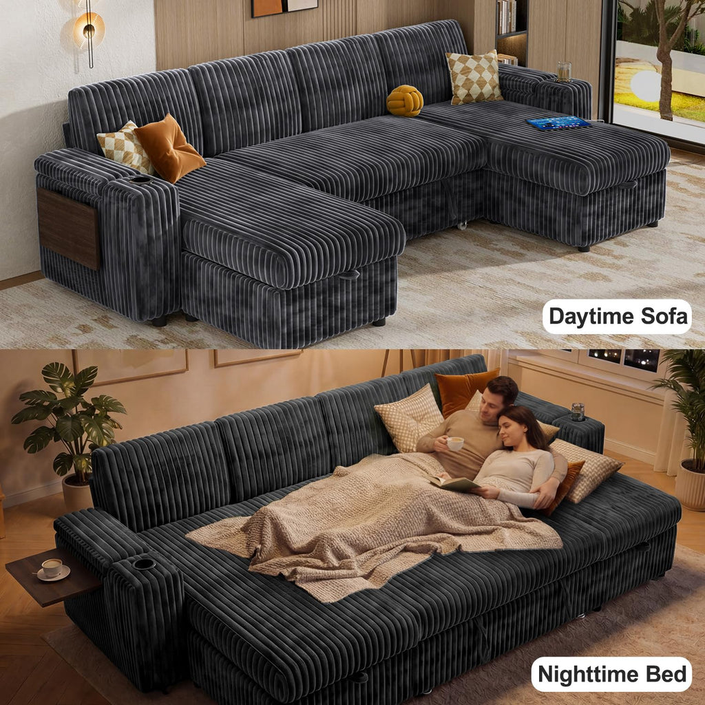 108" Modular Sectional Sleeper Sofa with Pull Out Bed, 4 Seat Plush Corduroy U Shaped Couch with USB Ports|Cup