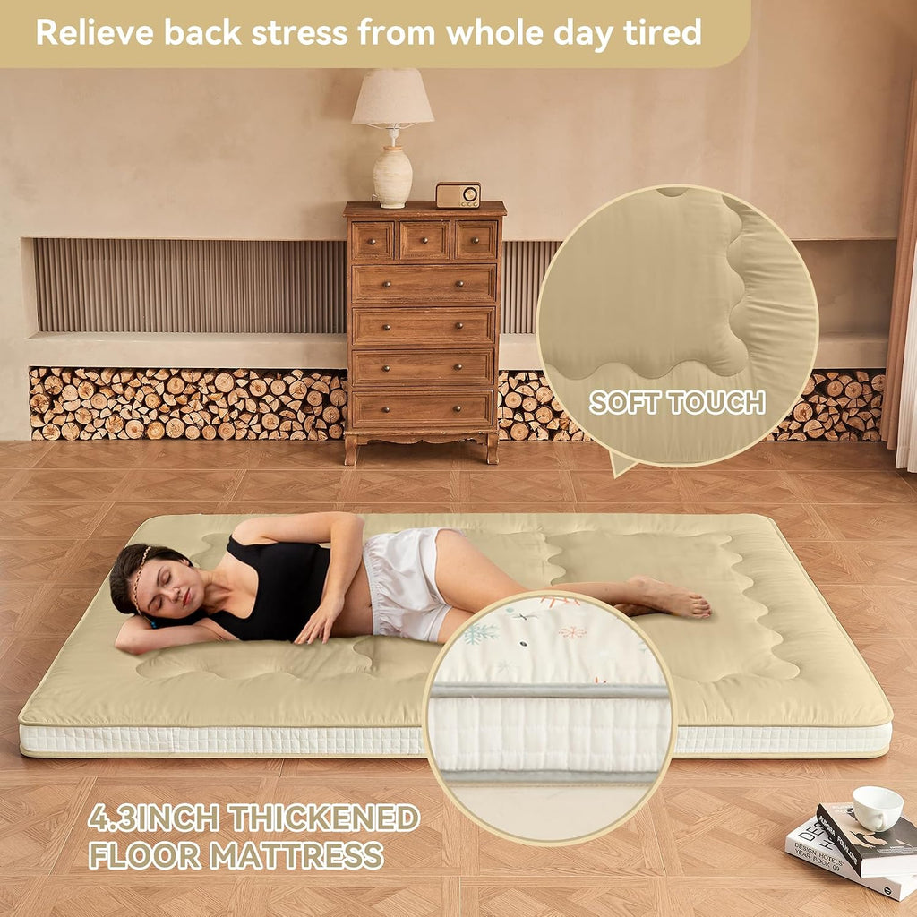 Japanese Floor Futon Mattress Extra Thick Folding Roll Up Bed Topper Mat for Guest, Lounger and Tavel