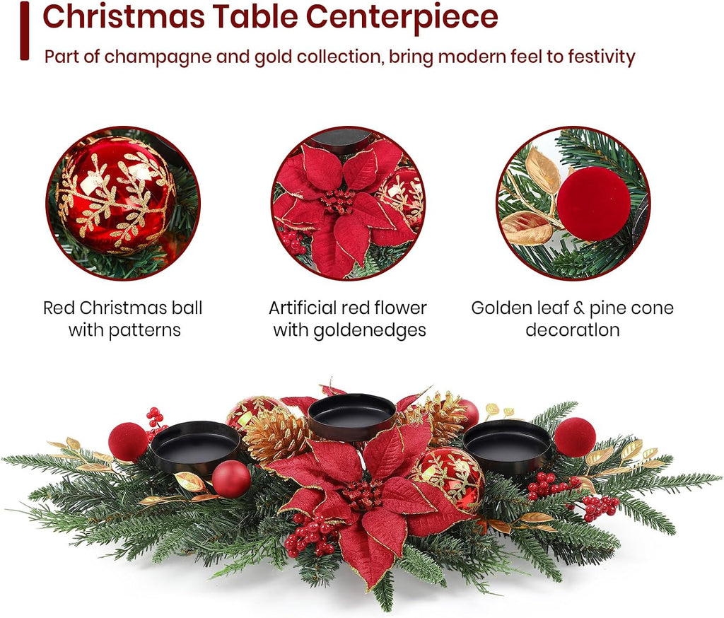 28" Red Gold Christmas Centerpiece with 3 Candle Trays,1 Pcs