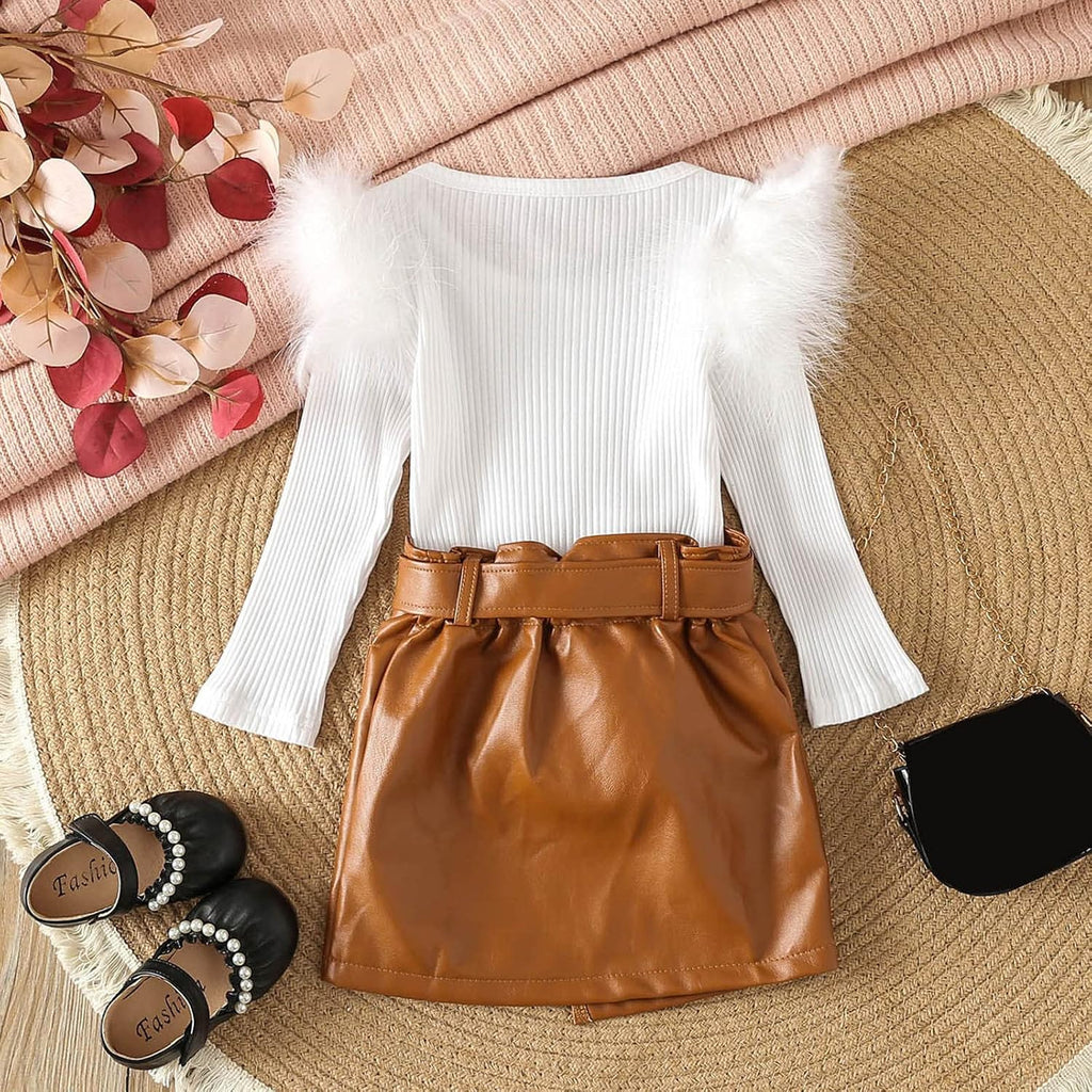 Kids Toddler Baby Girls Spring Summer Solid Cotton Ribbed Long Sleeve Tops Leather Skirt Outfits Neutral Baby