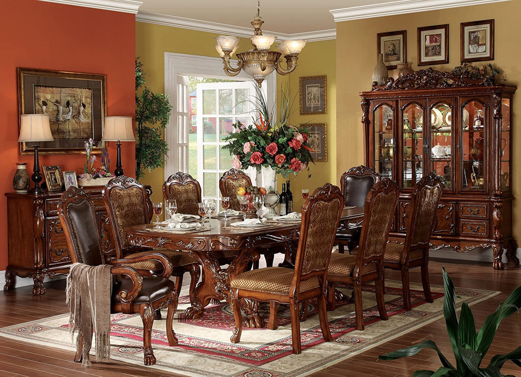 Traditional Kitchen Furniture Set 9pc Formal Dining Table Set Include 1 Extendable Pedestal Table and 8 Upholstered