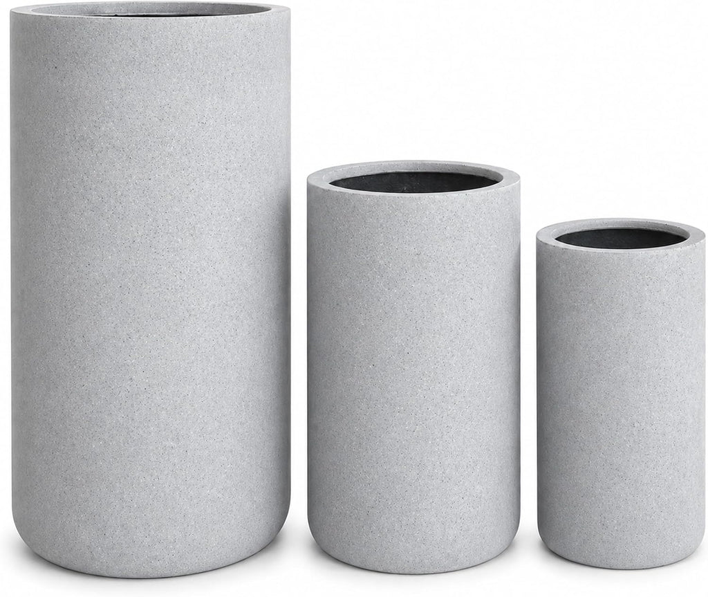 Set of 3 Tall Cylinder Polystone Indoor/Outdoor Planters, Gray
