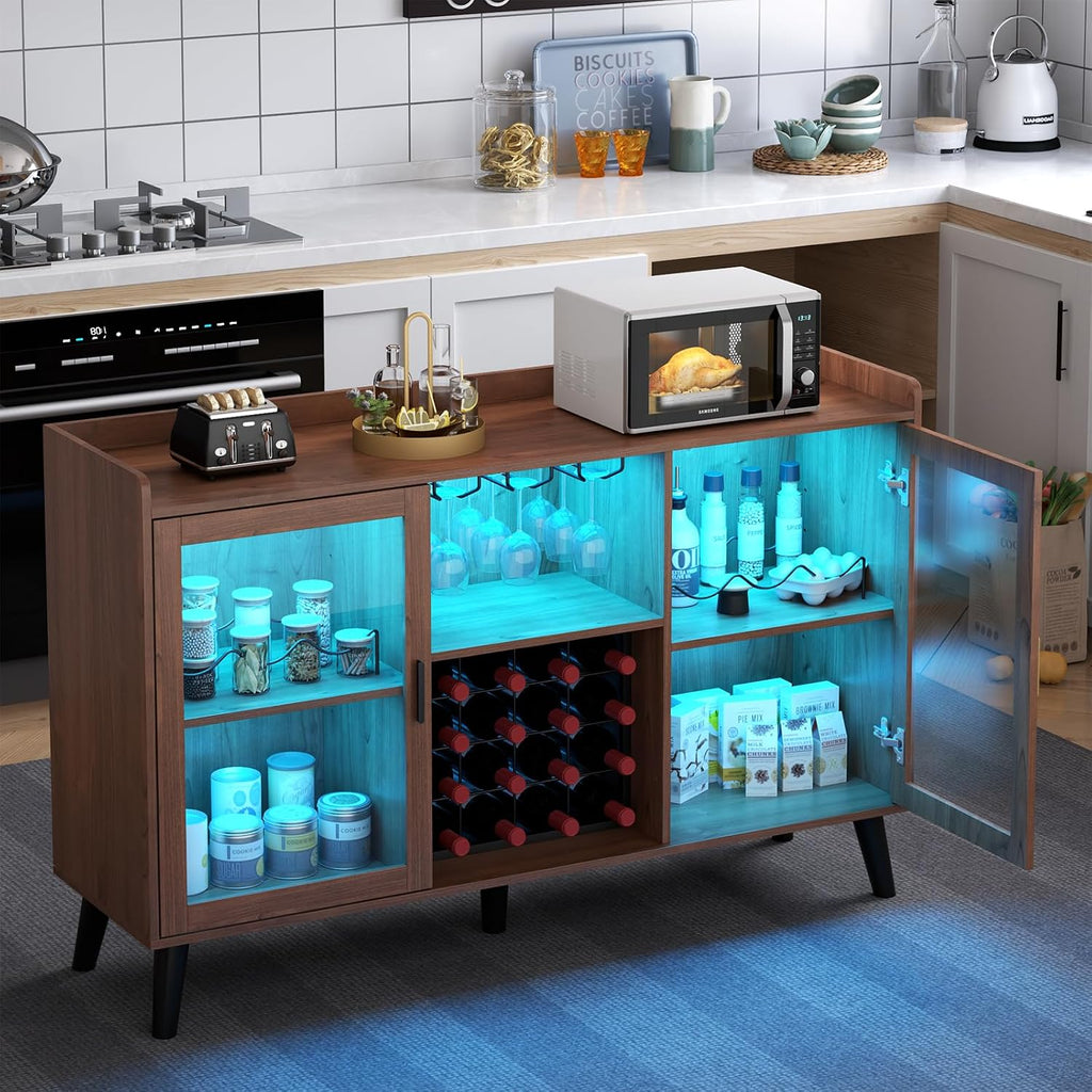 Wine Bar Cabinet with LED Light, Home Coffee Cabinet w/ Wine & Glass Holder | Kitchen Buffet Sideboard with Storage