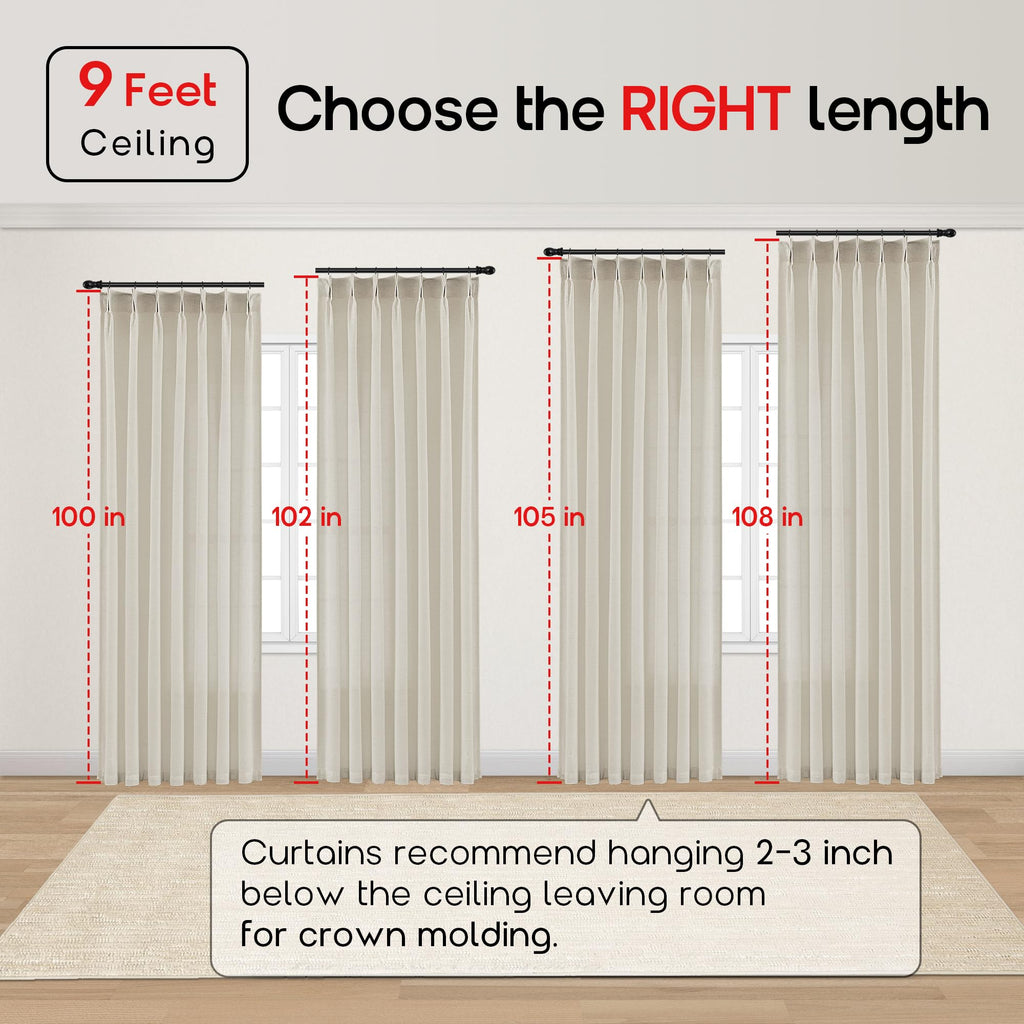 102 Inch Long Oatmeal Pinch Pleated Linen Curtains, Lightweight Semi Sheer Natural Fabric Fiber Color Floor to