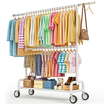 Heavy Duty Clothes Rack Load 860LBS, Double Rods Rolling Clothing Racks for Hanging Clothes, Rolling Garment Rack