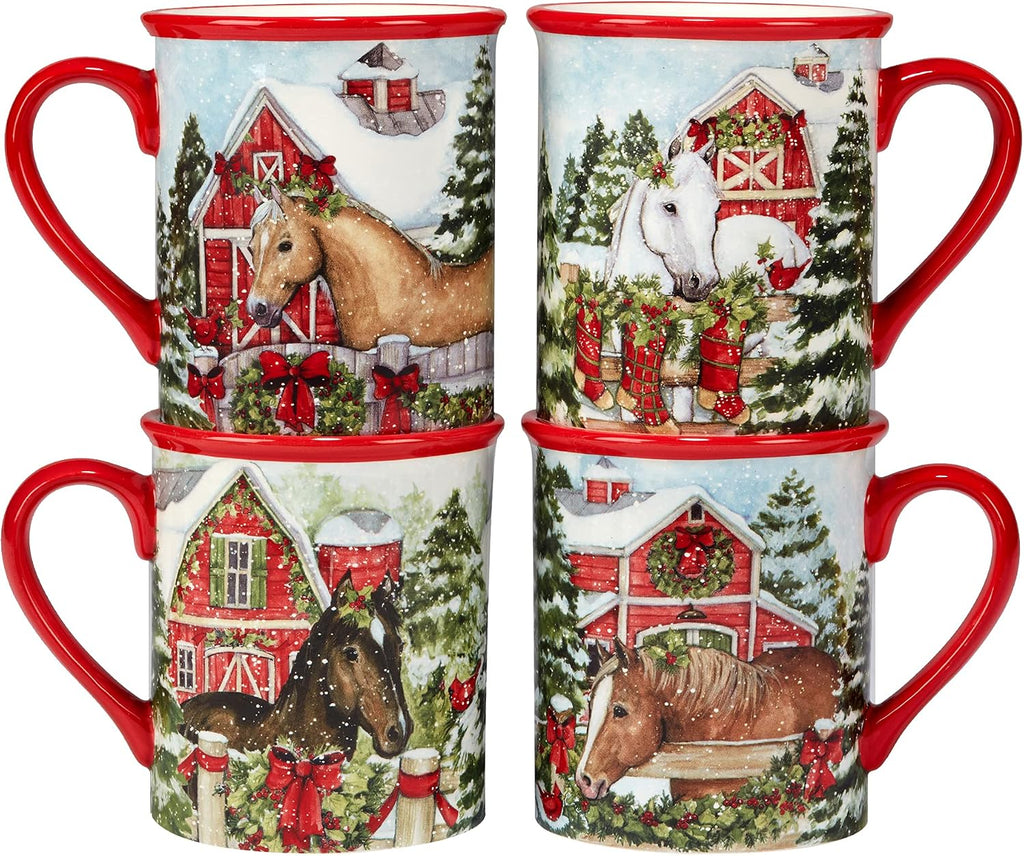 Homestead Christmas Piece Dinnerware Set - Holiday Tableware for 4 with Festive Horse & Barn Scenes - Winter