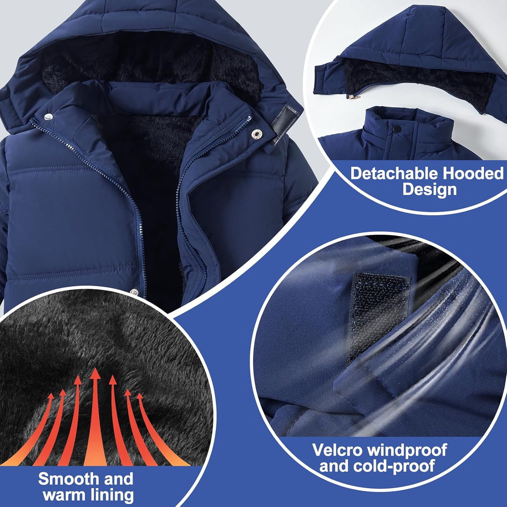 Boys Winter Coat Kids Warm Jacket Wind Water-Resistant Puffy Coats Outwear Toddler Hood Fleece Inner