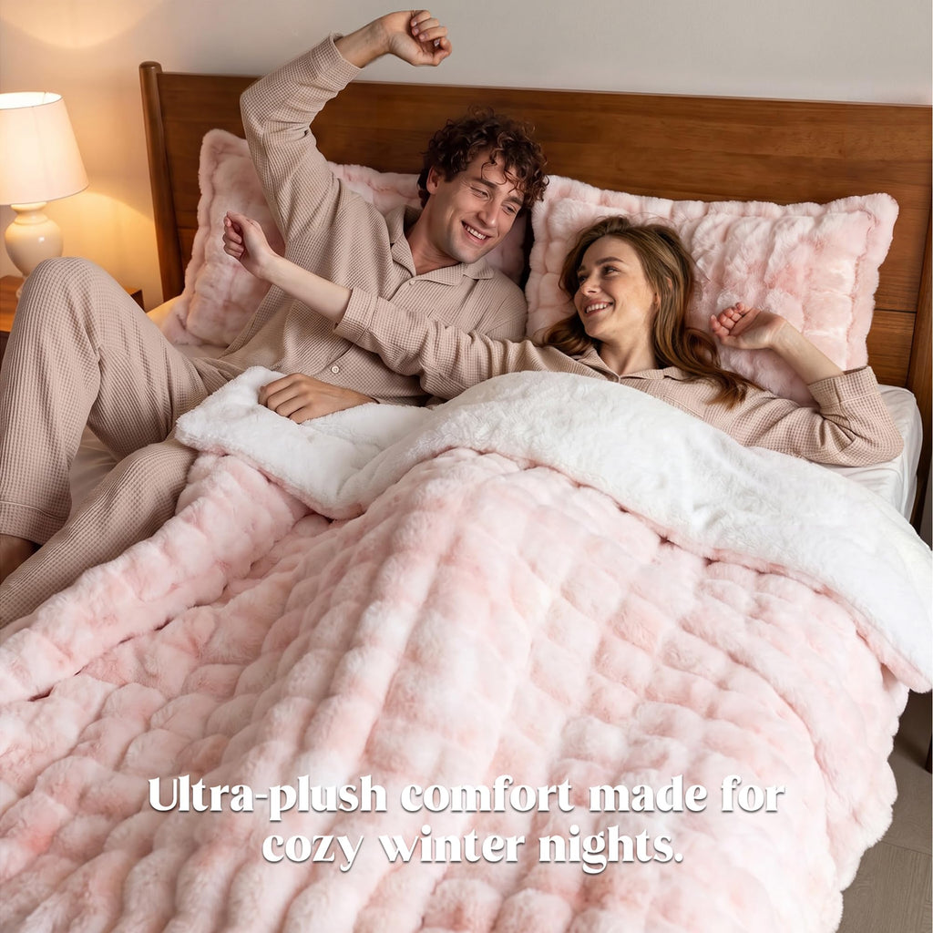 Faux Rabbit Fur Comforter Set, 3-Piece Reversible Sherpa Bedding, 450 GSM Faux Fur with Cozy Sherpa Reverse, 3D