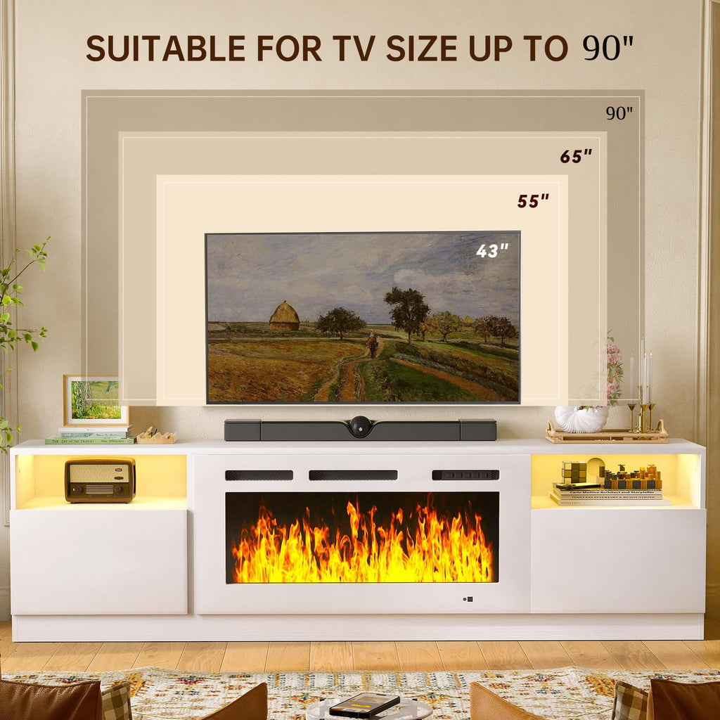 80" Fireplace TV Stand for TVs Up to 90", LED Light Entertainment Center with 36" Electric Fireplace, Modern Wood
