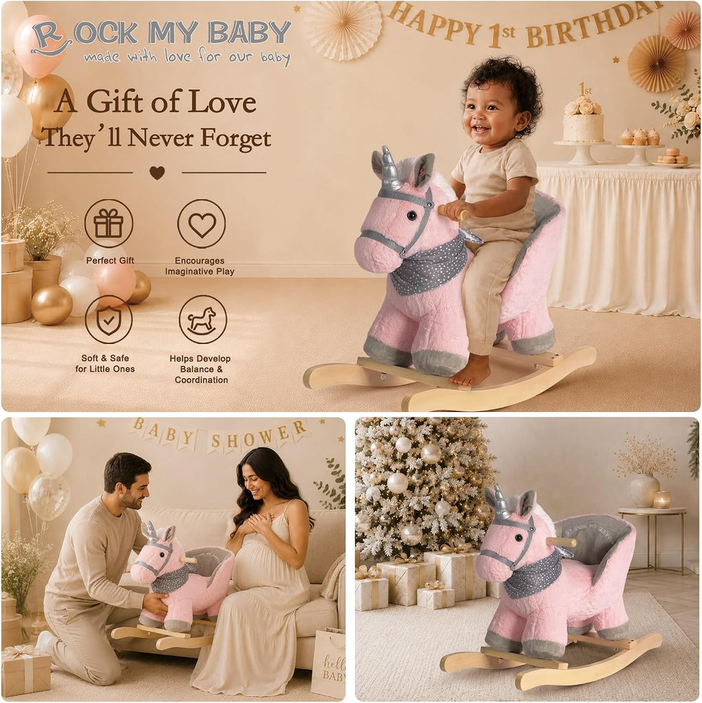 My Baby Rocking Unicorn with Chair, Plush Stuffed Unicorn Rocker for Toddlers 1-3, Baby Rocker with Sweet Music